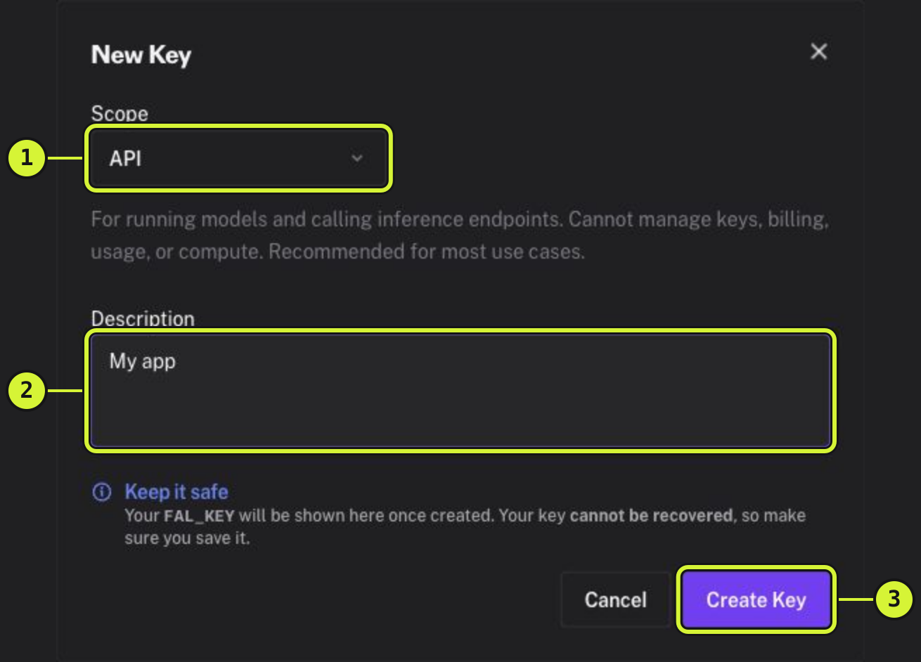 fal’s New Key dialog with API scope for Direct, the Description field and Create Key marked.