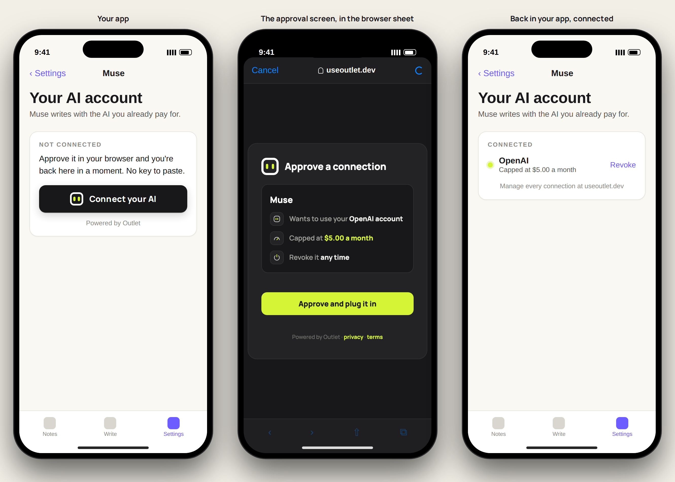 Three phone screens: the app's Connect button, the approval screen in the browser sheet, the app connected